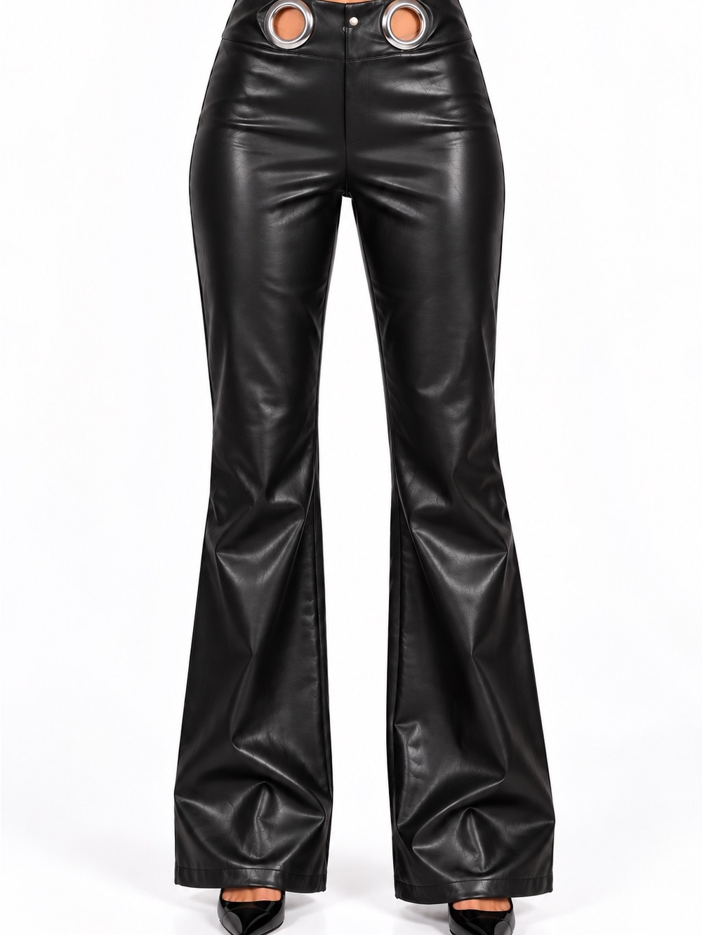 AKIRA Black Faux Leather Grommet Flare Pants Silver Ring Detail